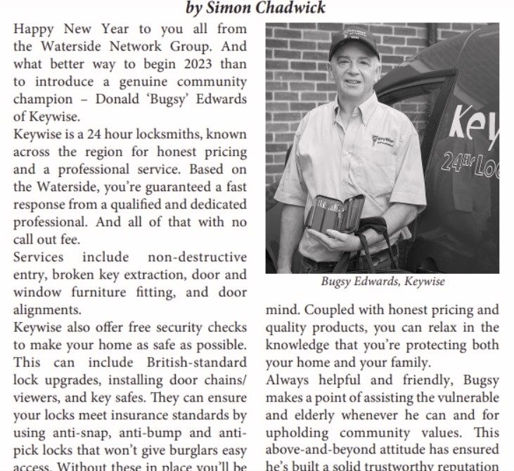 Bugsy Edwards of Keywise Locksmiths featured in the Waterside Network Group press article as a community champion