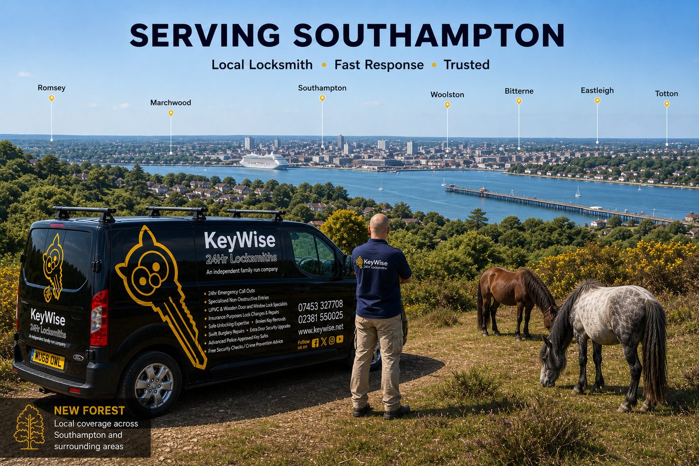 Keywise locksmith van photographed across the areas it covers &mdash; Hampshire, Dorset, the Waterside and the New Forest
