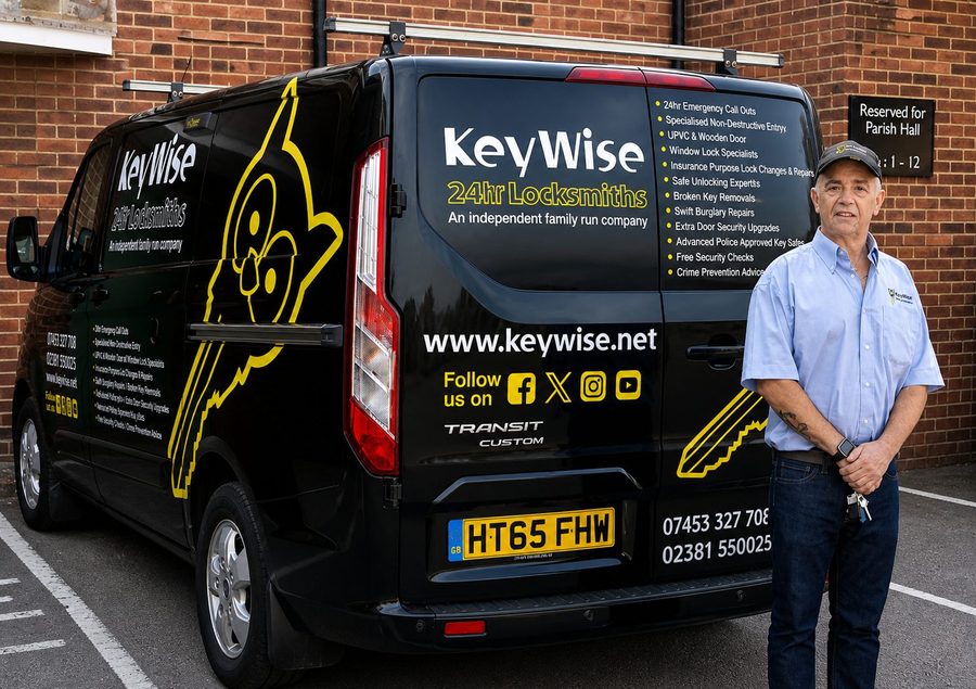 Bugsy Edwards beside the Keywise locksmith van in Dibden