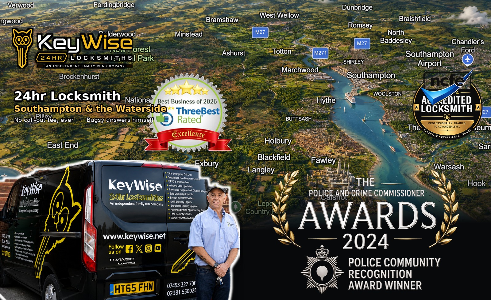 Keywise 24hr Locksmith, Southampton and the Waterside, family run, 5.0 Google rating, 2024 Police Community Recognition Award winner