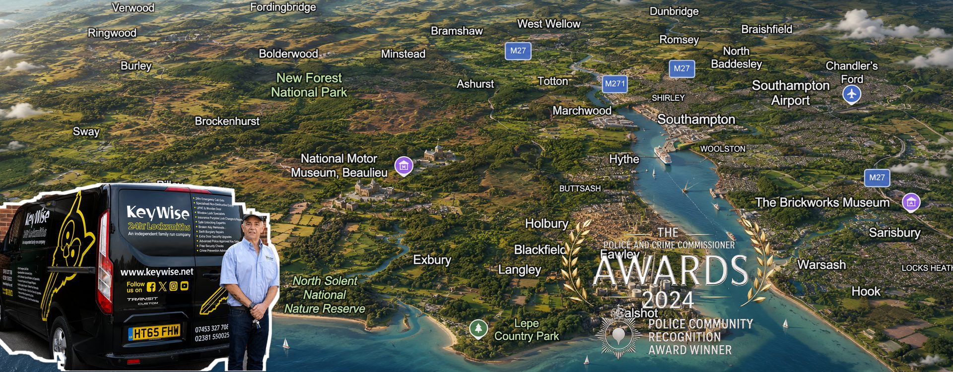 Keywise 24hr Locksmiths, SO45 Waterside-based, serving Southampton, Hythe, Totton, Fawley, New Forest and the surrounding South Hampshire area. Family-run, award-winning, 5.0 Google rating across 288+ reviews.
