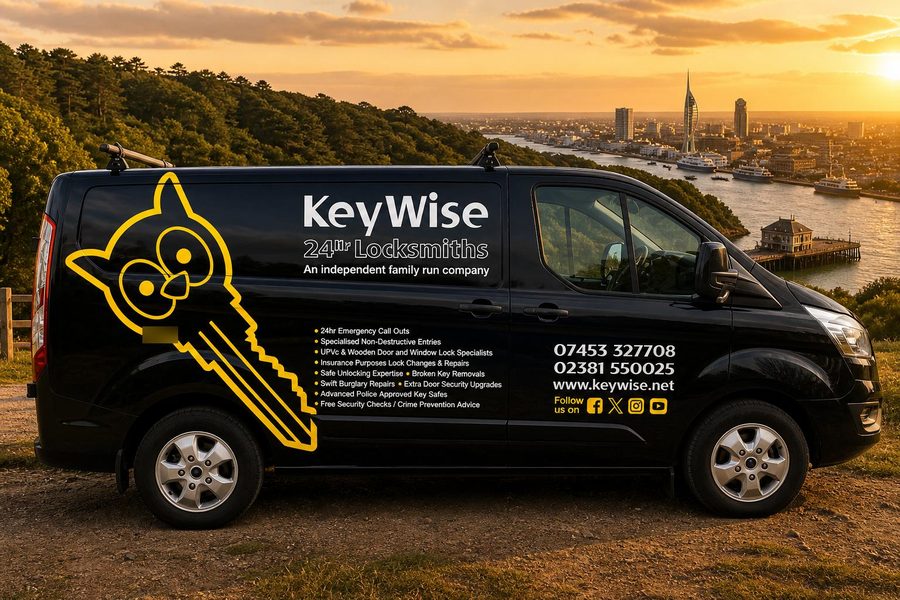 Side of the Keywise 24hr Locksmith van showing the gold owl-key logo and Hampshire phone numbers