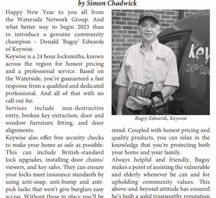 Bugsy Edwards of Keywise Locksmiths featured in the Waterside Network Group press article as a community champion