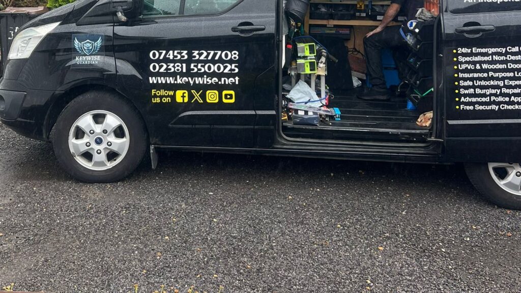 The Keywise van on a Waterside driveway, side door open, tools and bench inside, phone numbers and keywise.net on the side