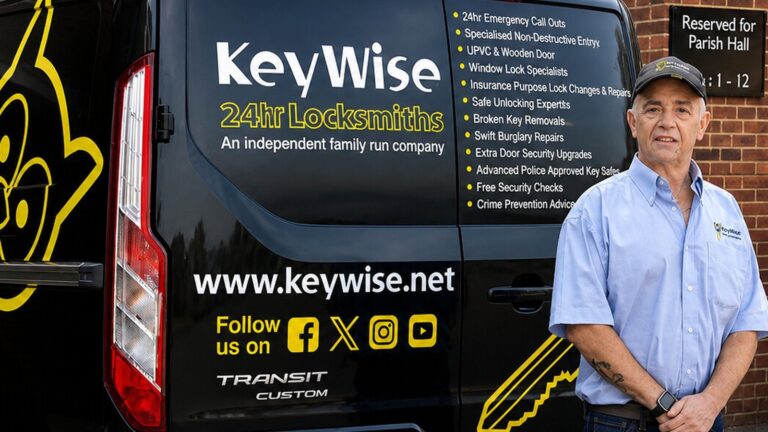 Bugsy from KeyWise Locksmiths beside the black KeyWise van in Hythe