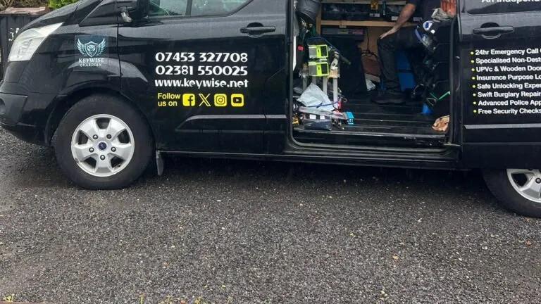 The Keywise van on a Waterside driveway, side door open, tools and bench inside, phone numbers and keywise.net on the side